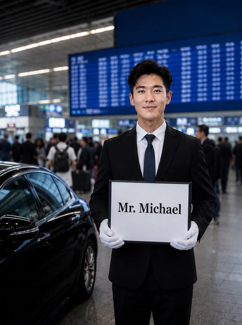 Chauffeur holding a welcome sign at Shanghai airport